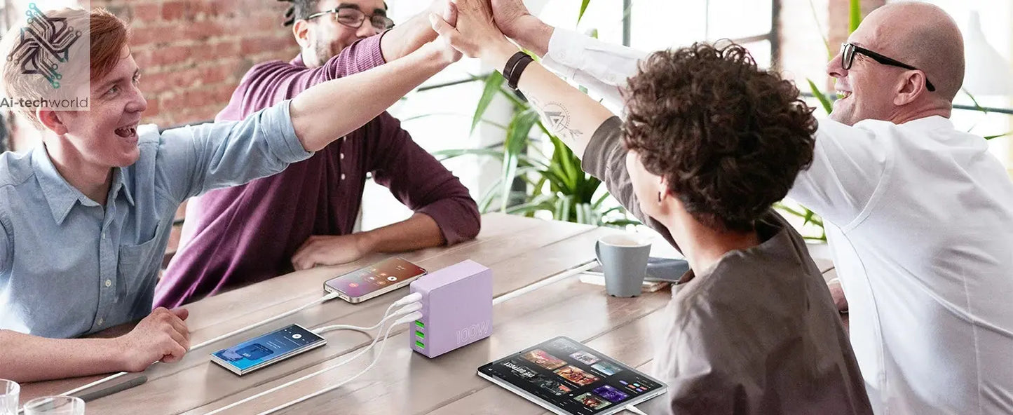 100W 6-Port GaN Quick Charge Hub - PD 3.0 Type C and USB A Charging Case - for Cell Phone Tablet Laptop Ai-TechWorld