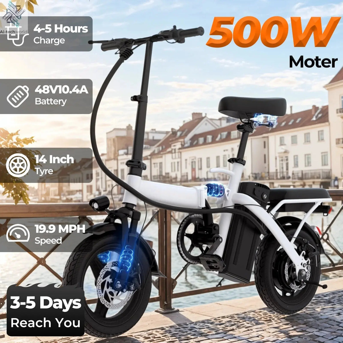14-inch electric bike, easy to fold, adult commuter electric bike, 500W motor, removable battery, 20-mile maximum range Ai-TechWorld