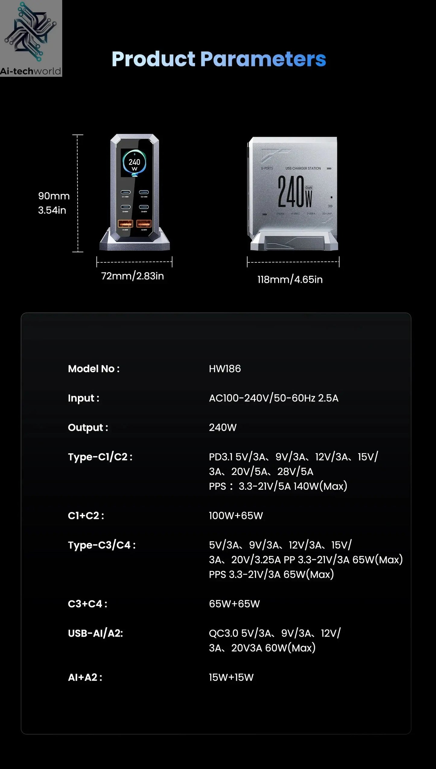 240W GaN Charger 6-IN-1 140W PD3.1 PPS USB Type C Digital Display Fast Charging Station for iPhone 16 15 MacBook Laptops Samsung Ai-TechWorld