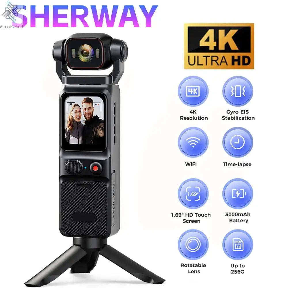 4K Pocket Action Camera Touch Screen Stabilization Sport BodyCam Portable Small Video Recorder Digital Vlog Camera for YouTube Ai-TechWorld