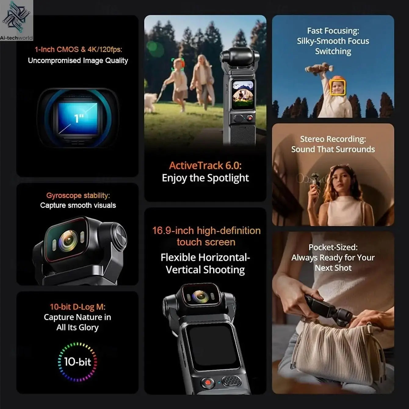 4K Pocket Action Camera Touch Screen Stabilization Sport BodyCam Portable Small Video Recorder Digital Vlog Camera for YouTube Ai-TechWorld