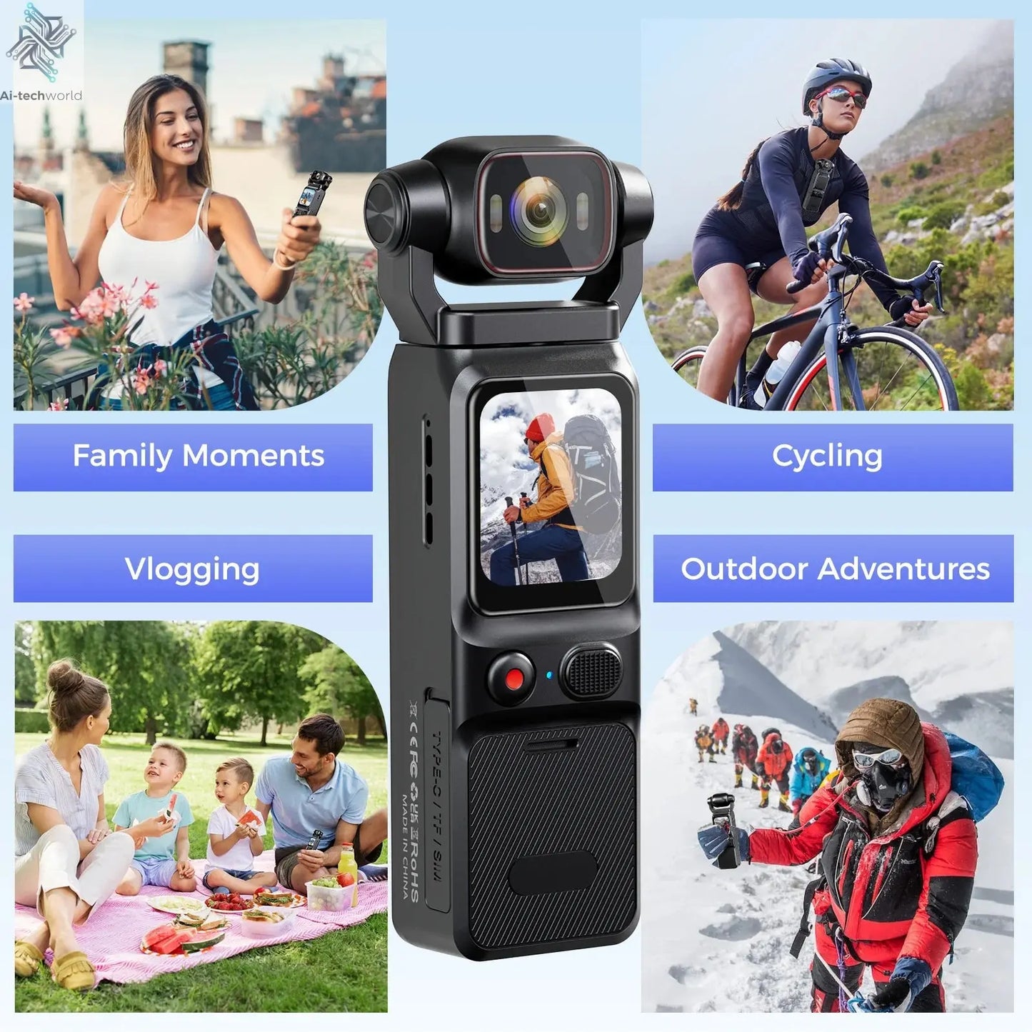 4K Pocket Action Camera Touch Screen Stabilization Sport BodyCam Portable Small Video Recorder Digital Vlog Camera for YouTube Ai-TechWorld