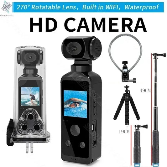 4K Ultra HD Pocket Action Camera 270° Rotatable Vlog Wifi Mini Sports Cam Waterproof Case Helmet Travel Bicycle Driver Recorder Ai-TechWorld