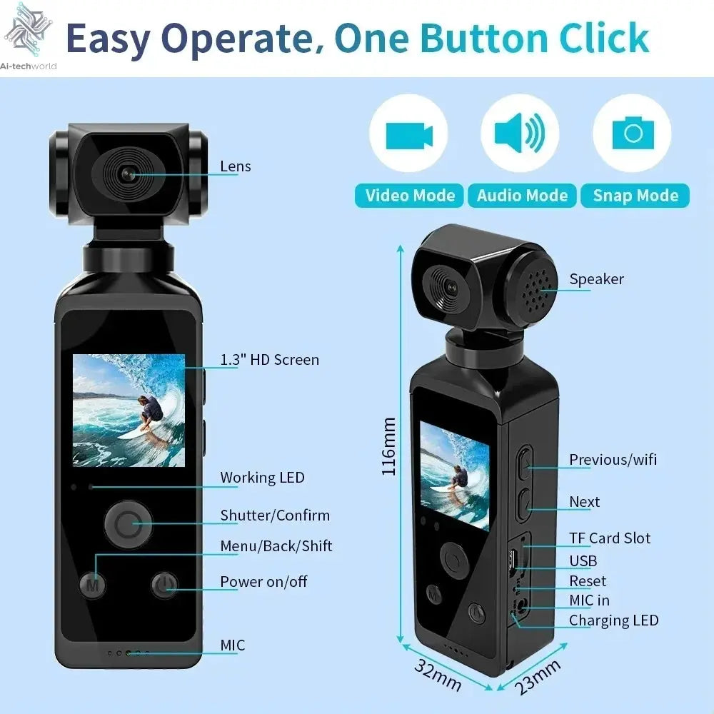 4K Ultra HD Pocket Action Camera 270° Rotatable Vlog Wifi Mini Sports Cam Waterproof Case Helmet Travel Bicycle Driver Recorder Ai-TechWorld