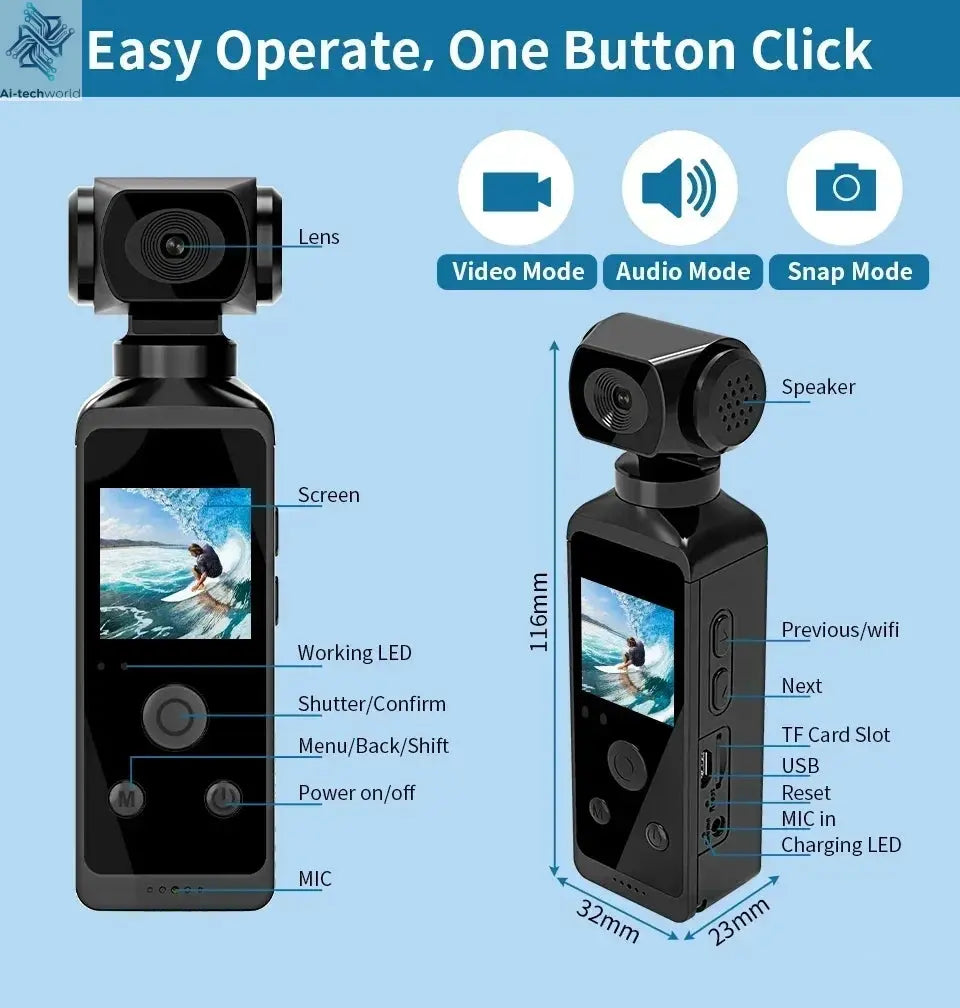 4K Ultra HD Pocket Action Camera 270° Rotatable Vlog Wifi Mini Sports Cam Waterproof Case Helmet Travel Bicycle Driver Recorder Ai-TechWorld