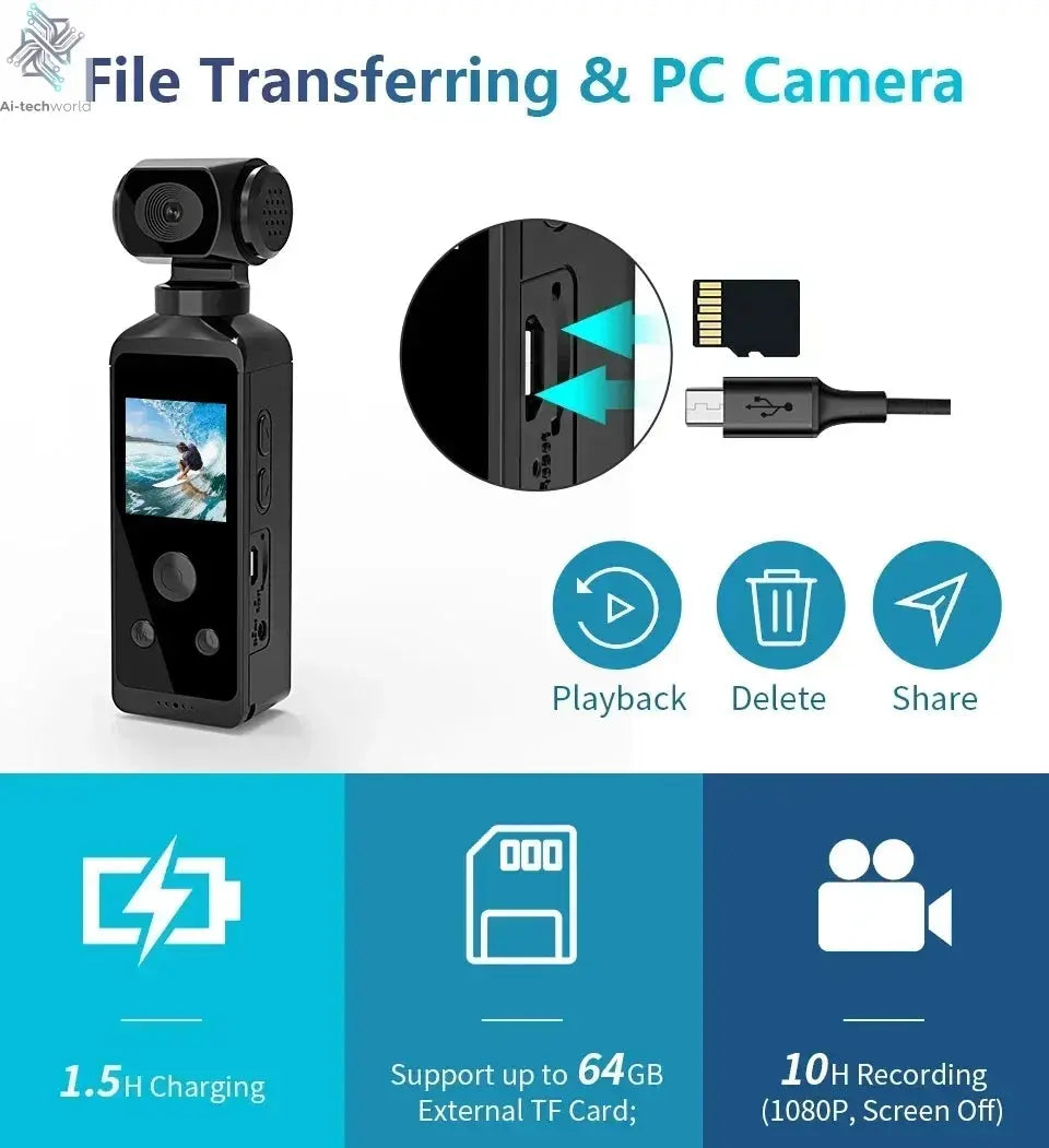 4K Ultra HD Pocket Action Camera 270° Rotatable Vlog Wifi Mini Sports Cam Waterproof Case Helmet Travel Bicycle Driver Recorder Ai-TechWorld