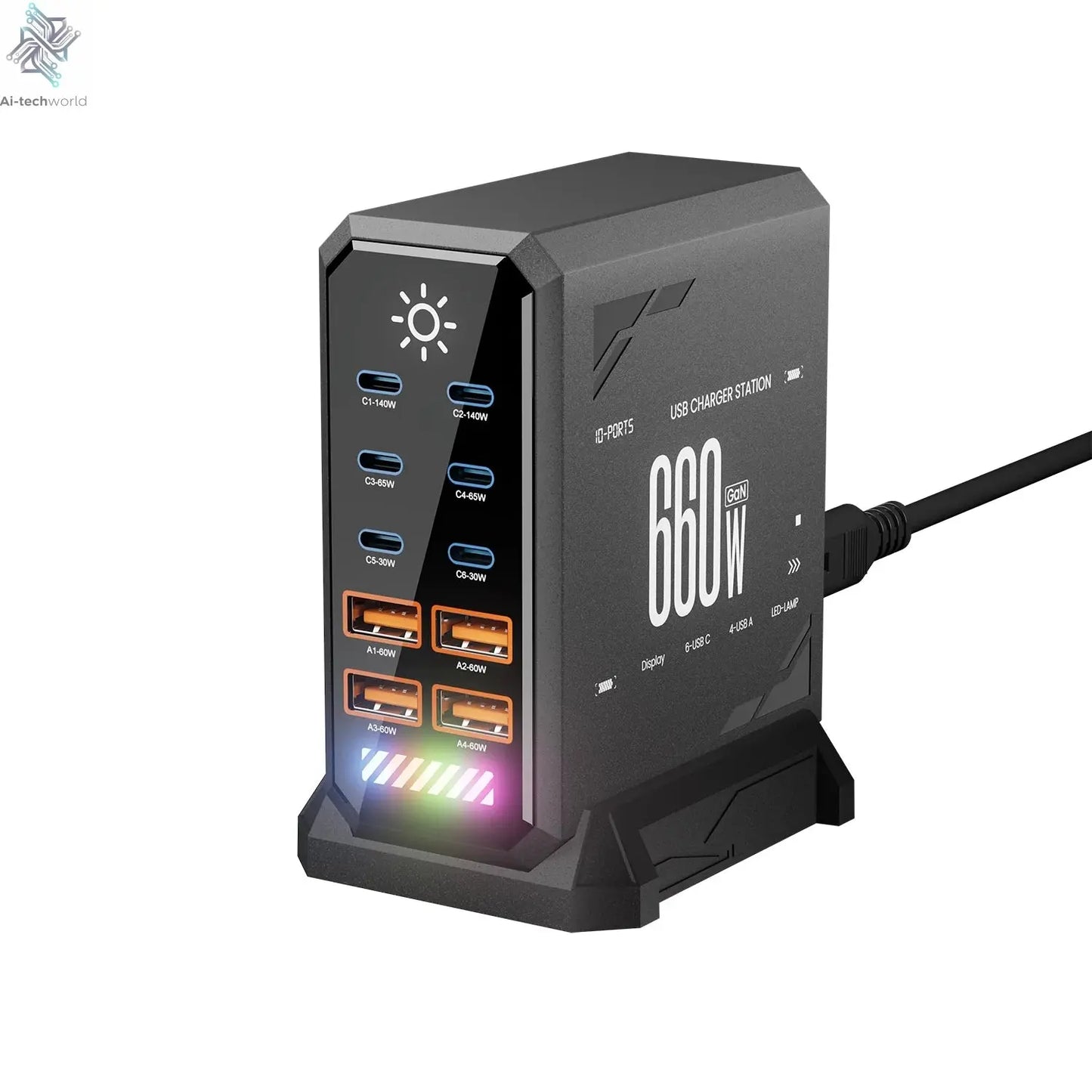 660W GaN USB Charger Station 10 Port Desktop Fast USB Type C Charger 140W PD3.1 PPS Quick Charger For Macbook iPhone 16 Samsung Ai-TechWorld