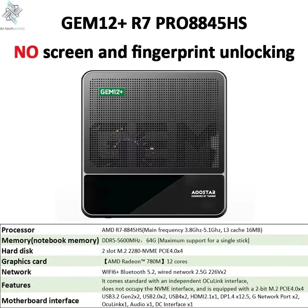 AOOSTAR GEM12+ Mini PC AMD Ryzen 7 PRO 8845HS 5.1GHz 32GB DDR5 1TB SSD Radeon 780M WiFi6 BT5.2 USB4 HDMI2.1 Mini PC Windows 11 Ai-TechWorld