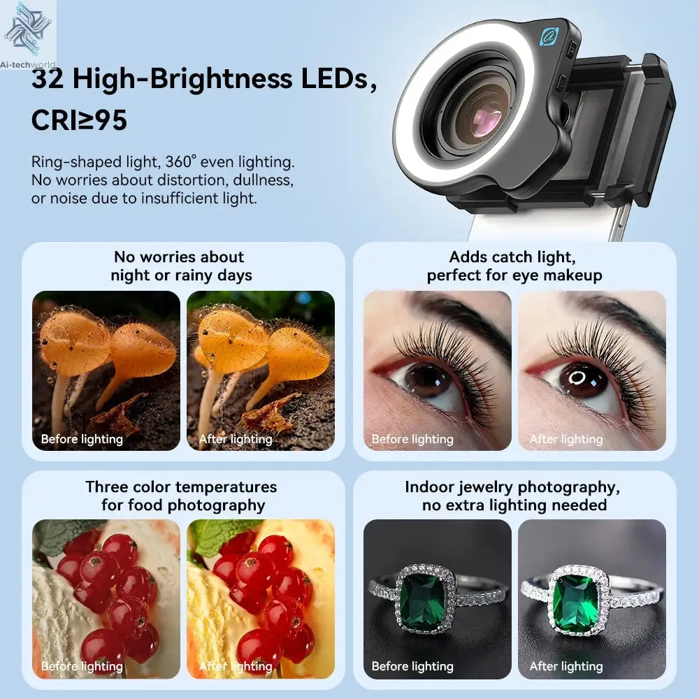 APEXEL 10-20X Zoom Macro Lens HD Micro Phone Camera Lenses with LED Fill Light for iPhone Samsung all Smartphones Eyelash Macro Ai-TechWorld