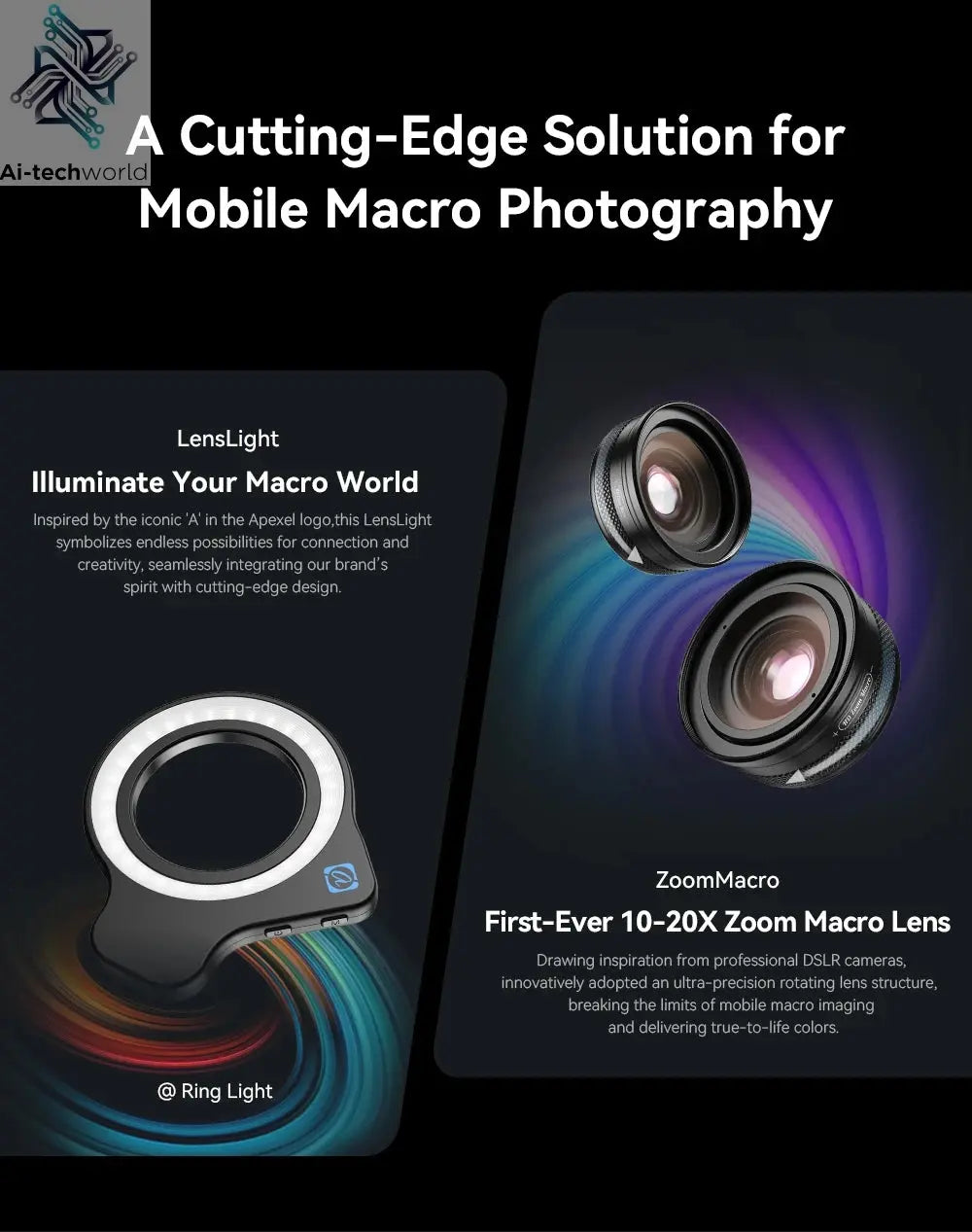 APEXEL 10-20X Zoom Macro Lens HD Micro Phone Camera Lenses with LED Fill Light for iPhone Samsung all Smartphones Eyelash Macro Ai-TechWorld