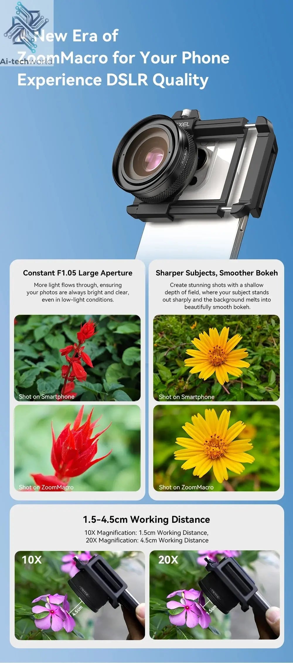 APEXEL 10-20X Zoom Macro Lens HD Micro Phone Camera Lenses with LED Fill Light for iPhone Samsung all Smartphones Eyelash Macro Ai-TechWorld