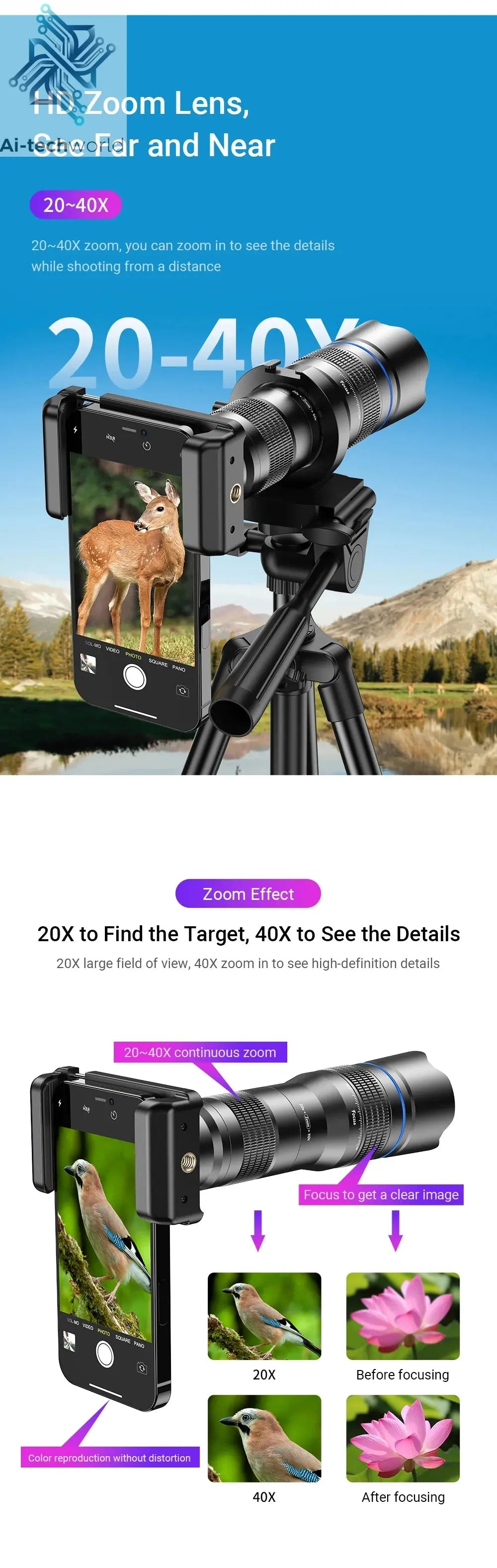 APEXEL HD Metal 20-40x Zoom Telescope Lens for Smartphones Ai-TechWorld