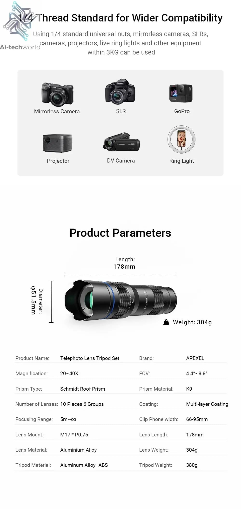 APEXEL HD Metal 20-40x Zoom Telescope Lens for Smartphones Ai-TechWorld