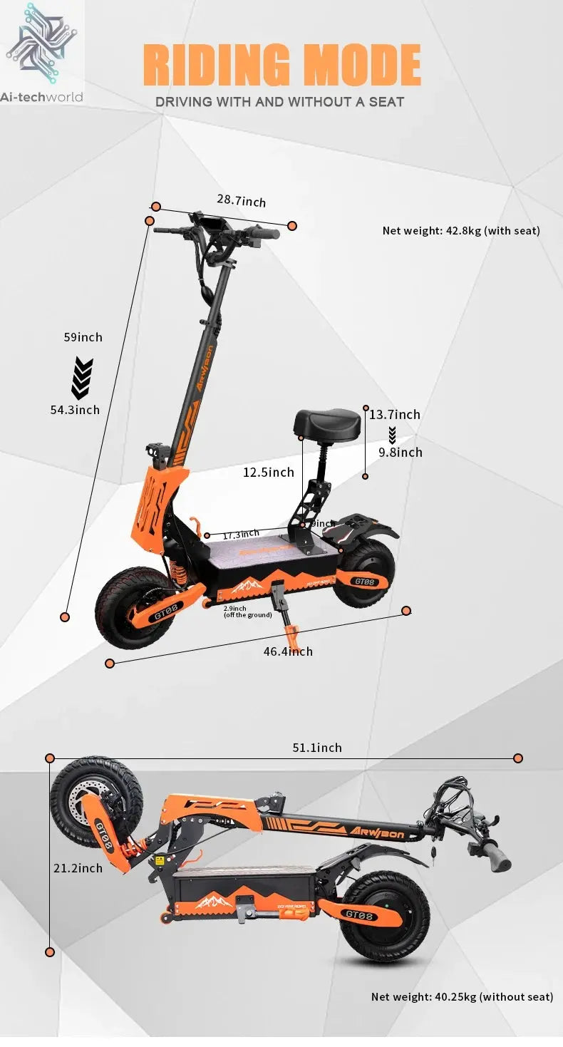 Arwibon 5600W Adult Electric Scooter Dual Motor Top Speed 46MPH,60V27AH, 11-inch Off-Road Tires Sport Folding eScooter with Seat Ai-TechWorld