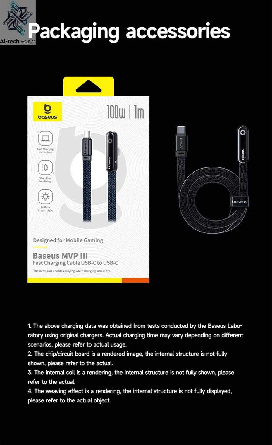 Baseus MVP3 Elbowed 100W USB C Cable For iPhone 16 15 Pro Max LED Light Type C Cable for Macbook pro Xiaomi Samsung Ai-TechWorld