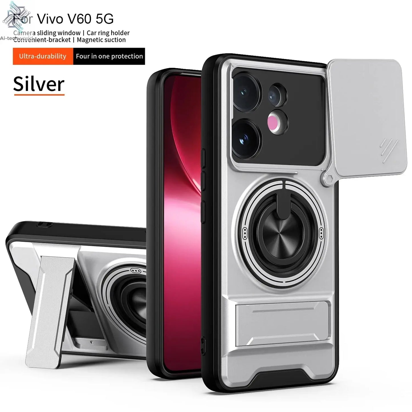 Case For Vivo V60 S30 T4 Pro Armored hard shell 360°rotating magnetic ring holder phone case protective cover For V60 S30 T4 Pro Ai-TechWorld