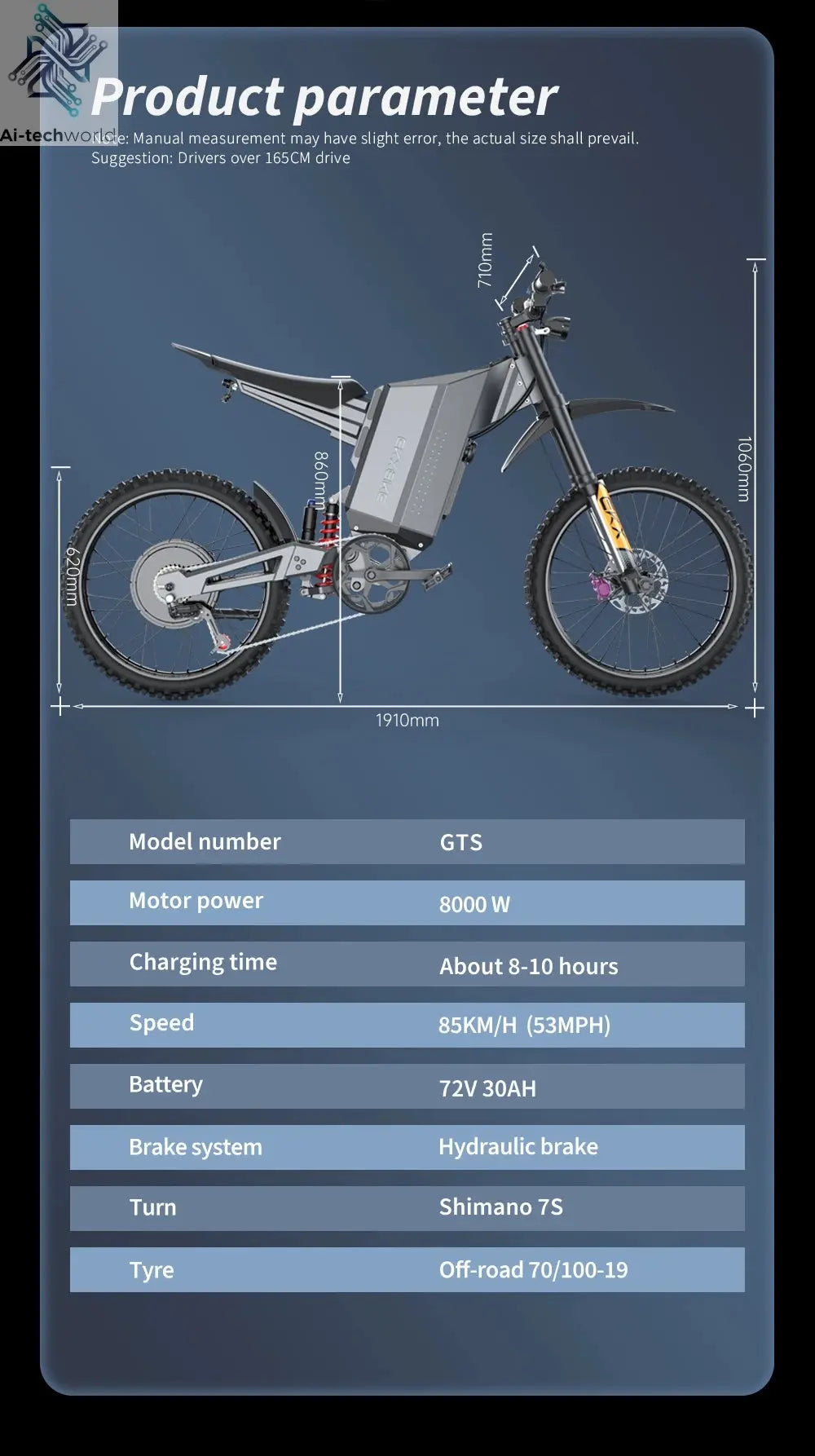 EKXBIKE GTS Electric Motorcycle for Adults 8000W Peak Electric Dirt Bike for Adults with 72V 30AH Battery Ai-TechWorld