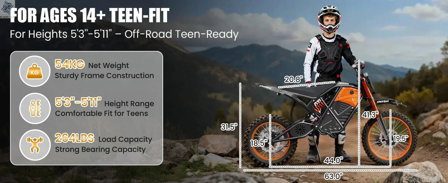 Electric Dirt Bike for Adults, 48V 3000W Peak Power Electric Motorcycle with 14"/12" Fat Tire, 37.5MPH Mountain Off-Road Ebike Ai-TechWorld