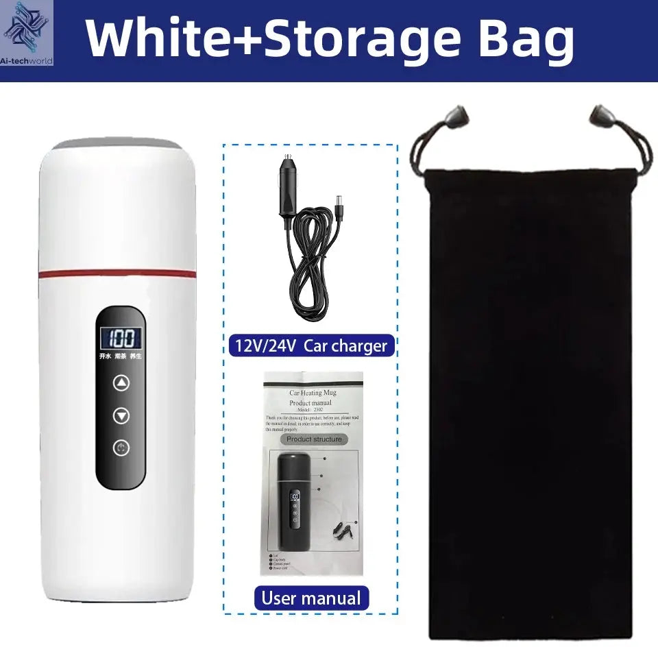 Electric kettle 12V 24V portable car heating cup 500 ml travel heating smart stainless steel insulation artifact OLED display Ai-TechWorld