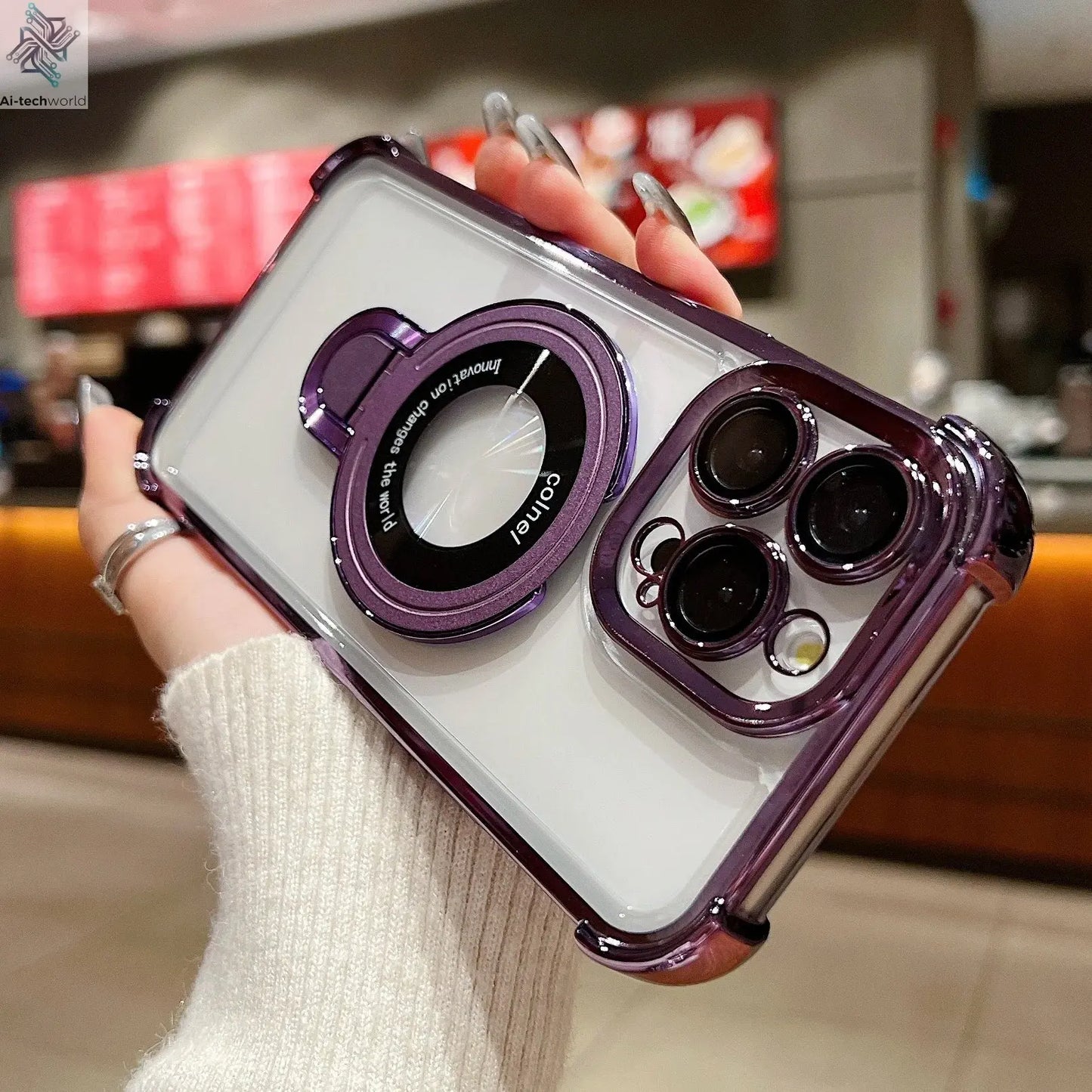 Fashion Case Plating Magnetic Bracket Case for iPhone 17 16 15 14 13 12 Pro Max Case With Holder Stand Shockproof Cover for Magsafe Ai-TechWorld