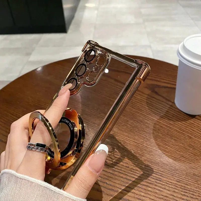 Four Corners Anti Drop Transparent Electroplated Magnetic Stand Protective Case For Samsung Galaxy S25 S24 S23 S22 Ultra Plus - Ai - TechWorld