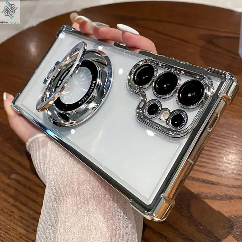 Four Corners Anti Drop Transparent Electroplated Magnetic Stand Protective Case For Samsung Galaxy S25 S24 S23 S22 Ultra Plus - Ai - TechWorld