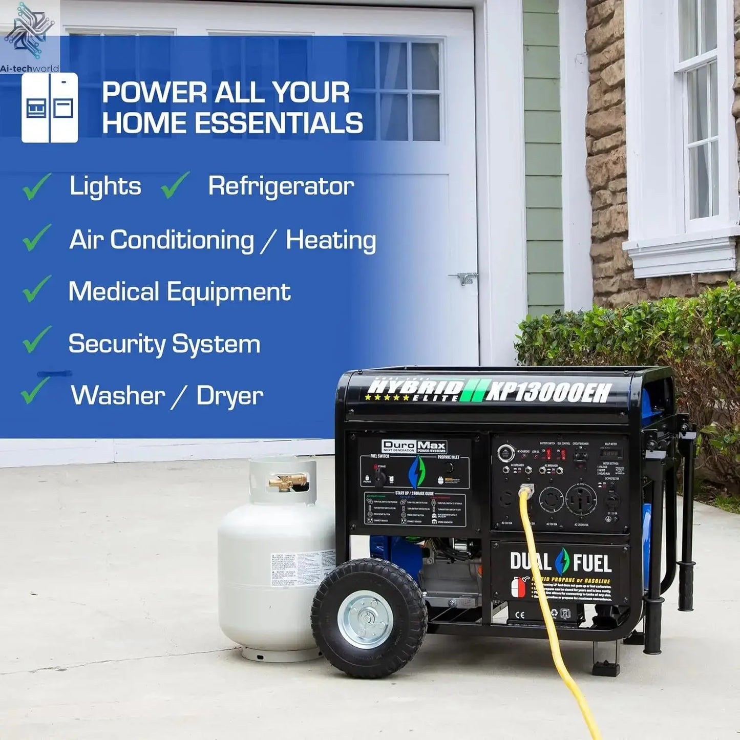 High-quality13,000-Watt Dual Fuel Portable Generator - Gas & Propane, Electric Start, Whole Home Backup Power, Transfer Switch Ai-TechWorld