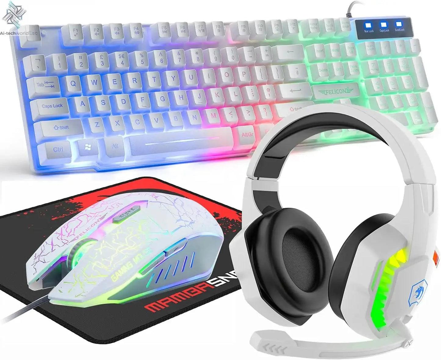 MANBASNAKE T11 Wired Gaming Keyboard and Mouse Headset Combo,Rainbow LED Backlit Wired Keyboard Ai-TechWorld