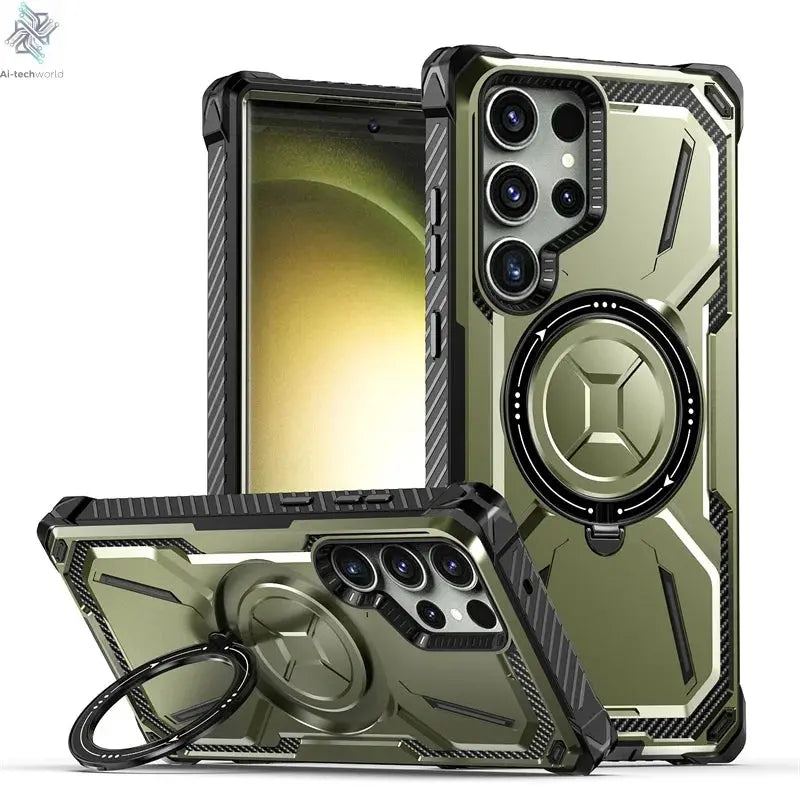 Magnetic Suction Mecha Metal Stand Phone Case For Samsung Galaxy S21 S22 S23 S24 Ultra Plus Anti Drop And Dustproof Back Cover Ai-TechWorld