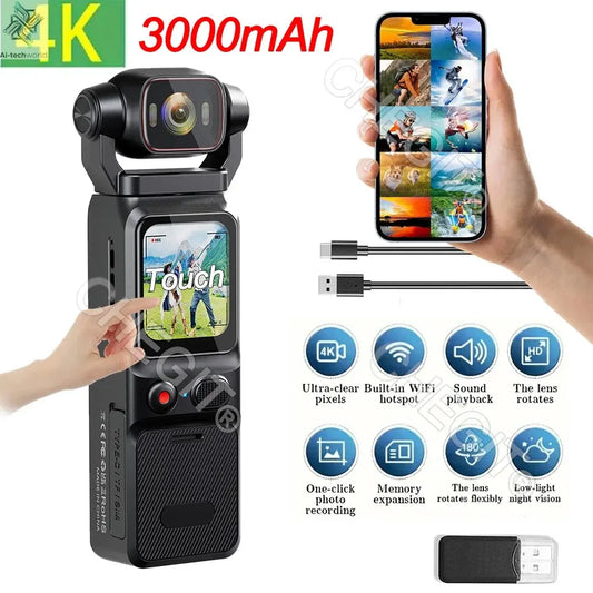 NEW 4K Touchscreen Pocket Camera WIFI Outdoor DV 180°Rotatable UHD Anti-shake Bodycam Sports Action Portable Security Recorder Ai-TechWorld