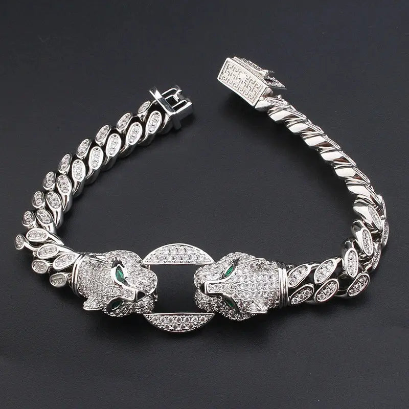 Double Leopard Head Bracelet Men White Gold Color Ponytail Woven Rhinestone-Encrusted Jewelry Stylish Fashion European and American Style Domineering Ai-TechWorld