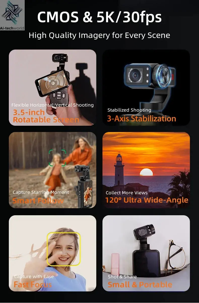 ORDRO M5 Pocket Video Camera Action Vlogging Digital Camcorder 5K 3-axis Face Tracking 3.5" Touch Screen Infrared Night Vision Ai-TechWorld