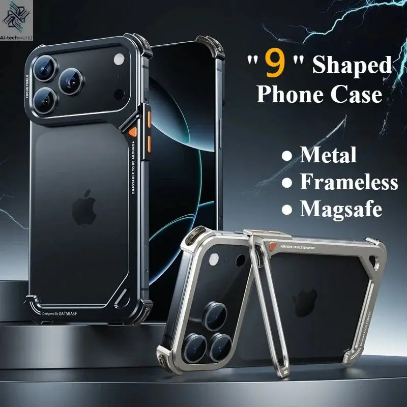 Oatsbasf 9-Shaped Metal Frameless Phone Case for iPhone 17 Pro Max/17 Pro with Stand Magsafe Minimalist Bumper Shockproof Cover Ai-TechWorld