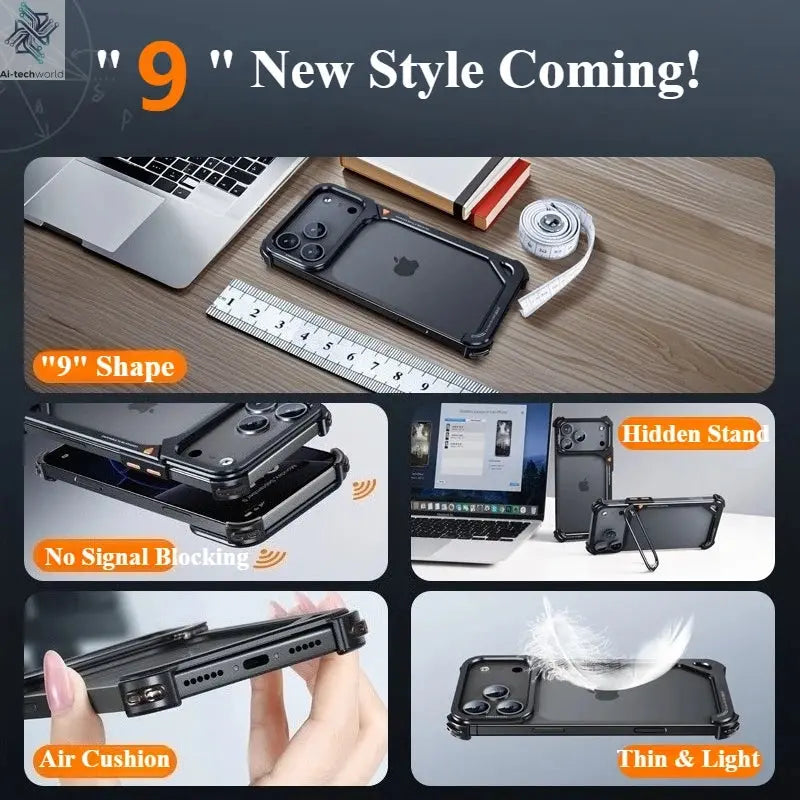 Oatsbasf 9-Shaped Metal Frameless Phone Case for iPhone 17 Pro Max/17 Pro with Stand Magsafe Minimalist Bumper Shockproof Cover Ai-TechWorld