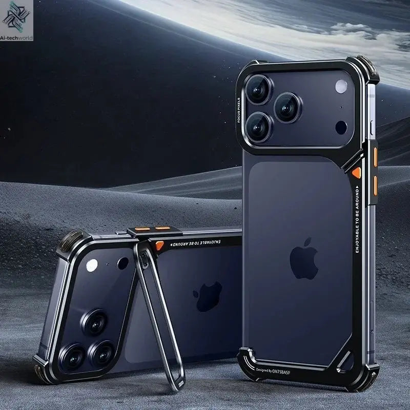Oatsbasf 9-Shaped Metal Frameless Phone Case for iPhone 17 Pro Max/17 Pro with Stand Magsafe Minimalist Bumper Shockproof Cover Ai-TechWorld