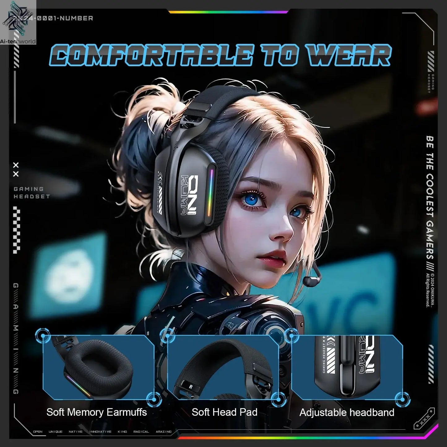 Onikuma Gt808 Three Modes with Mic E-Sports Wireless Gaming Headset Rgb Lighting Supports Bluetooth 5.3 / 2.4g / Aux 3.5mm Ai-TechWorld