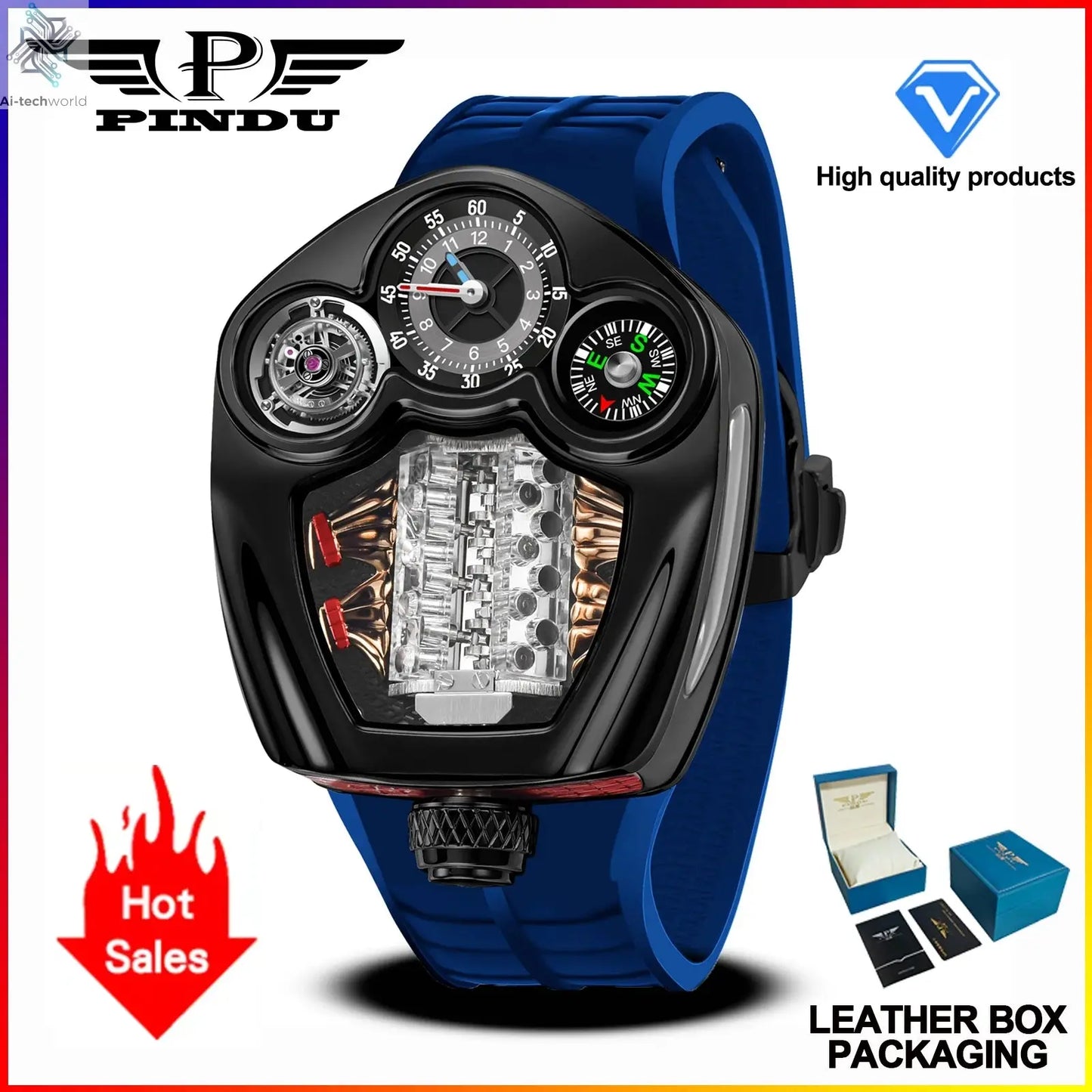 PINDU NEW Design Engine Series Quartz Watch Men TOP-luxurious Stainless steel Compass Waterproof Swiss quartz 762 movement watch Ai-TechWorld