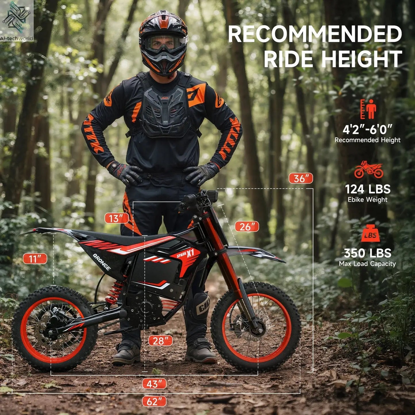 QRONGE X1 Spark Electric Dirt Bike 4500W Peak&Up to 60 Miles 50MPH 60V 28.8Ah Battery E-Bike 14/12" Fat Tire Electric Motorcycle Ai-TechWorld