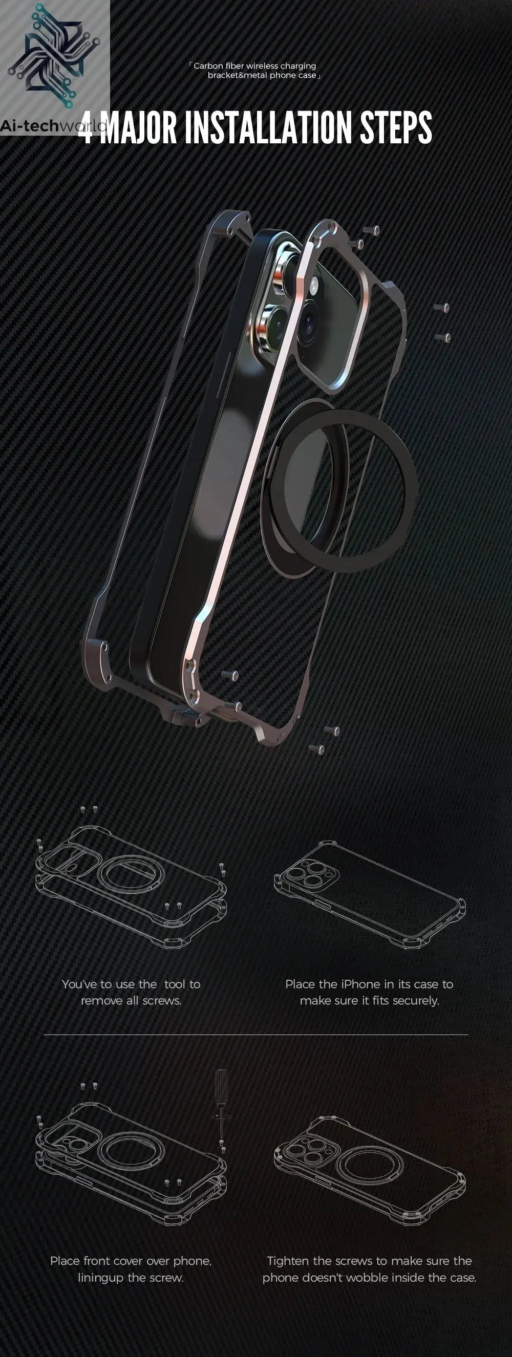 R-just Metal Carbon Fiber Case For iPhone 16 15 14 13 Pro Max Cover Lightweight Aluminum Alloy Funda Coque Built-in Holder Ring Ai-TechWorld