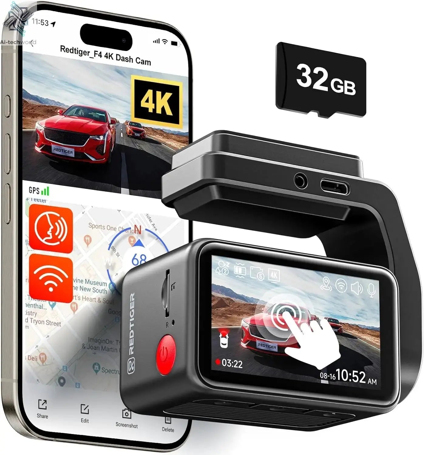 REDTIGER F4 4K Dash Cam Front, 2.2 inch Mini Car Camera, 2160P UHD Touch Screen, Voice Control, Included 32GB Card, Night Vision Ai-TechWorld