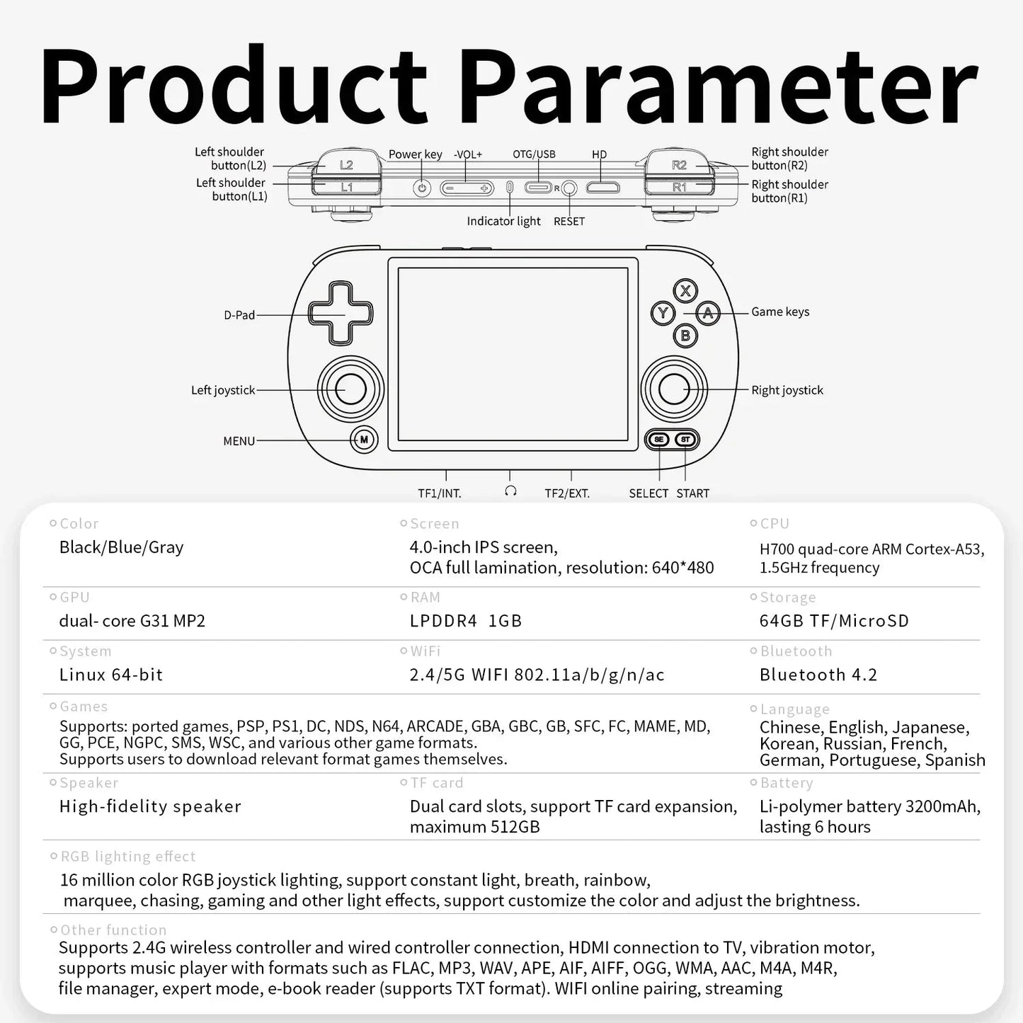 ANBERNIC RG40XX H Handheld Game Console 4'' Screen Linux System Joystick RGB Lighting Effect RG40XXH Video Player Smartpro Gifts Ai-TechWorld