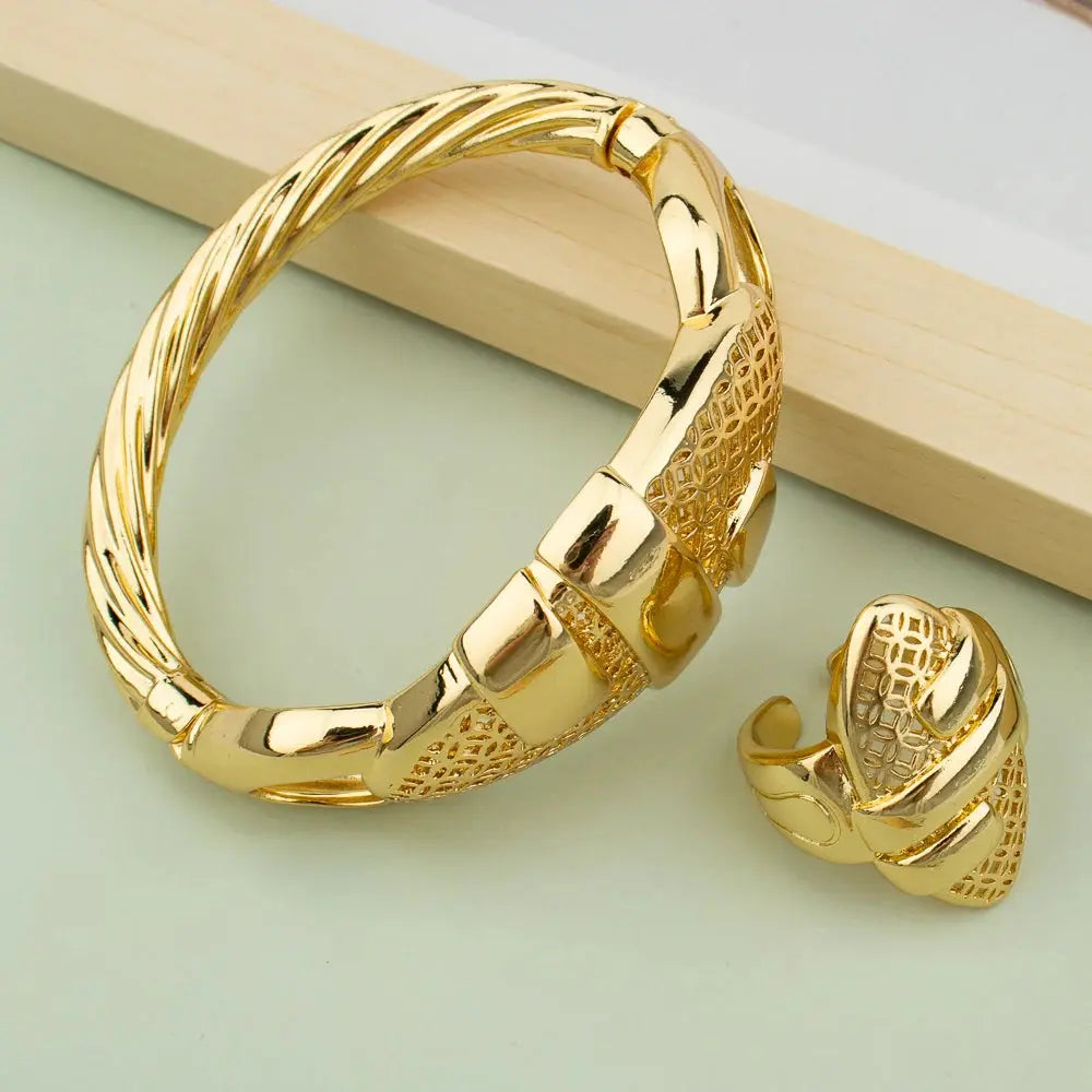 Cuff Bangle With Ring For Women 18K Gold Plated Bracelet Jewelry Nigerian Wedding Party Gift Dubai Hollow Out Design Bracelet Ai-TechWorld