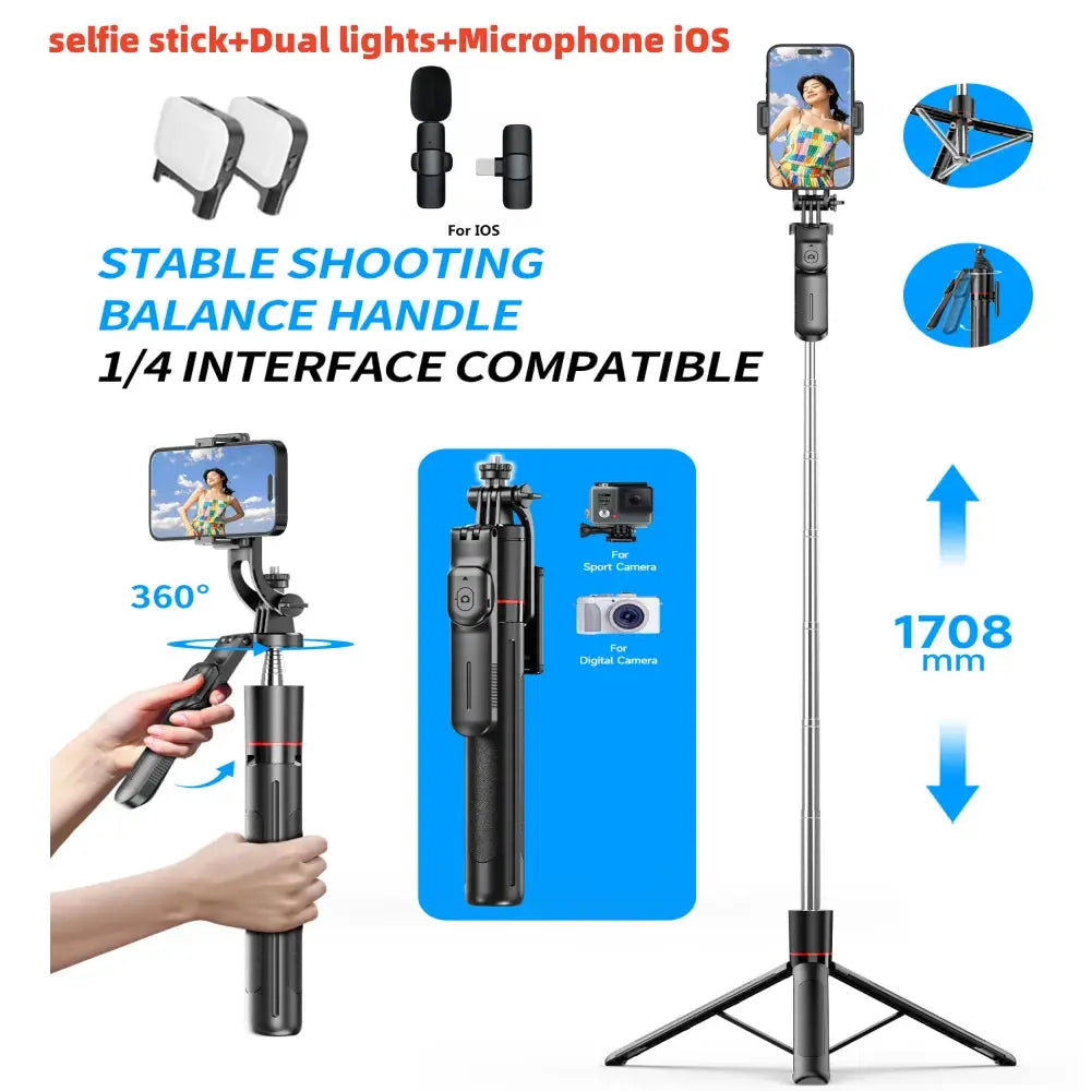 MEUYAG Selfie Stick Tripod with 1708mm Long Monopod Fill Light, Bluetooth Remote, 360° Rotation, 1/4 Interface, for mobile phone Ai-TechWorld
