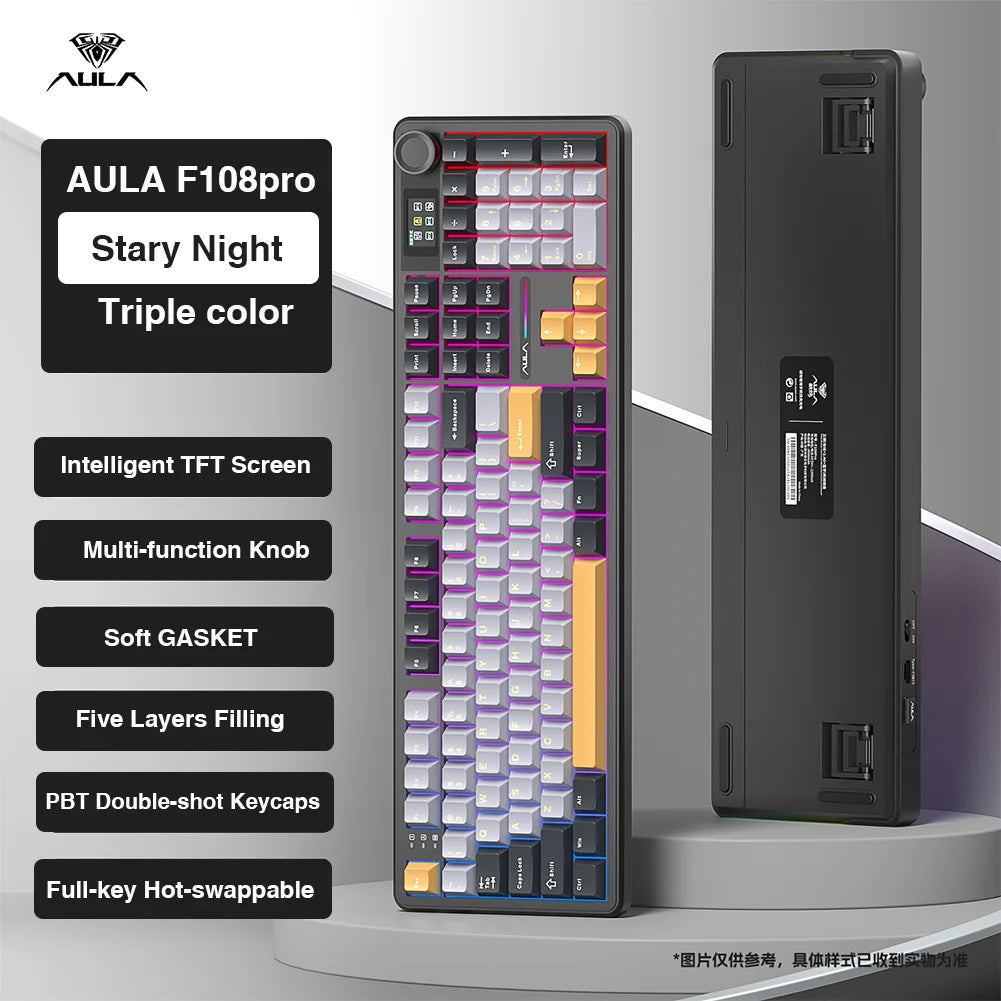AULA F108pro Wireless Bluetooth Keyboard Macro Gaming keyboard Gasket Hot-swap Full Size Keyboard with TFT Smart Display Ai-TechWorld ai-techworld