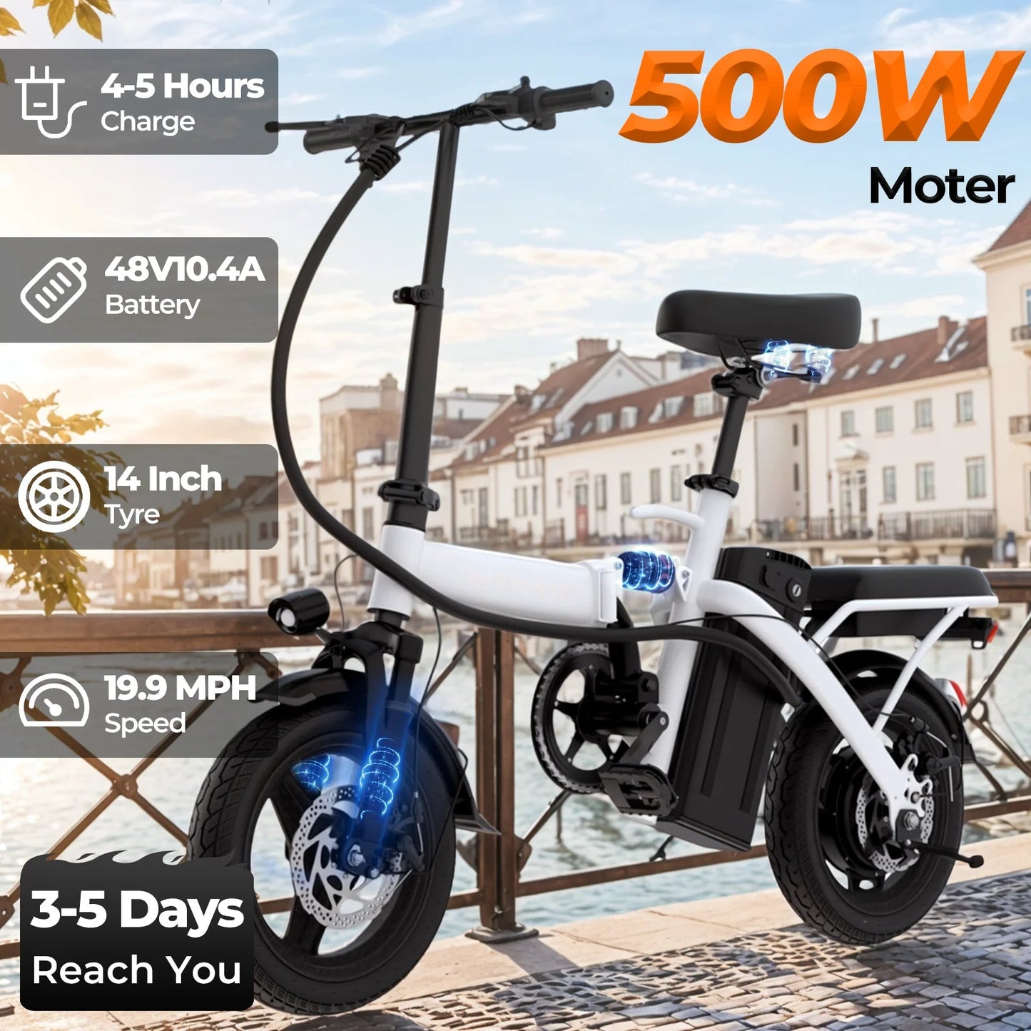 14-inch electric bike, easy to fold, adult commuter electric bike, 500W motor, removable battery, 20-mile maximum range Ai-TechWorld