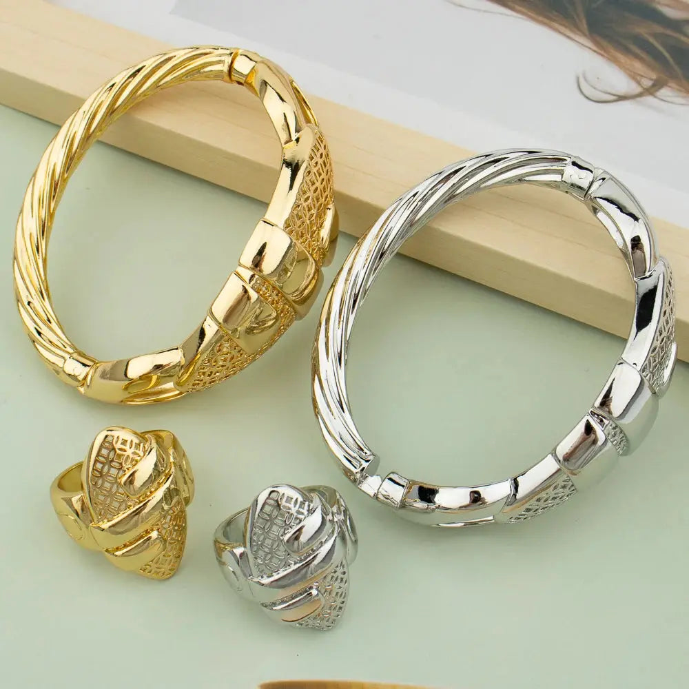 Cuff Bangle With Ring For Women 18K Gold Plated Bracelet Jewelry Nigerian Wedding Party Gift Dubai Hollow Out Design Bracelet Ai-TechWorld