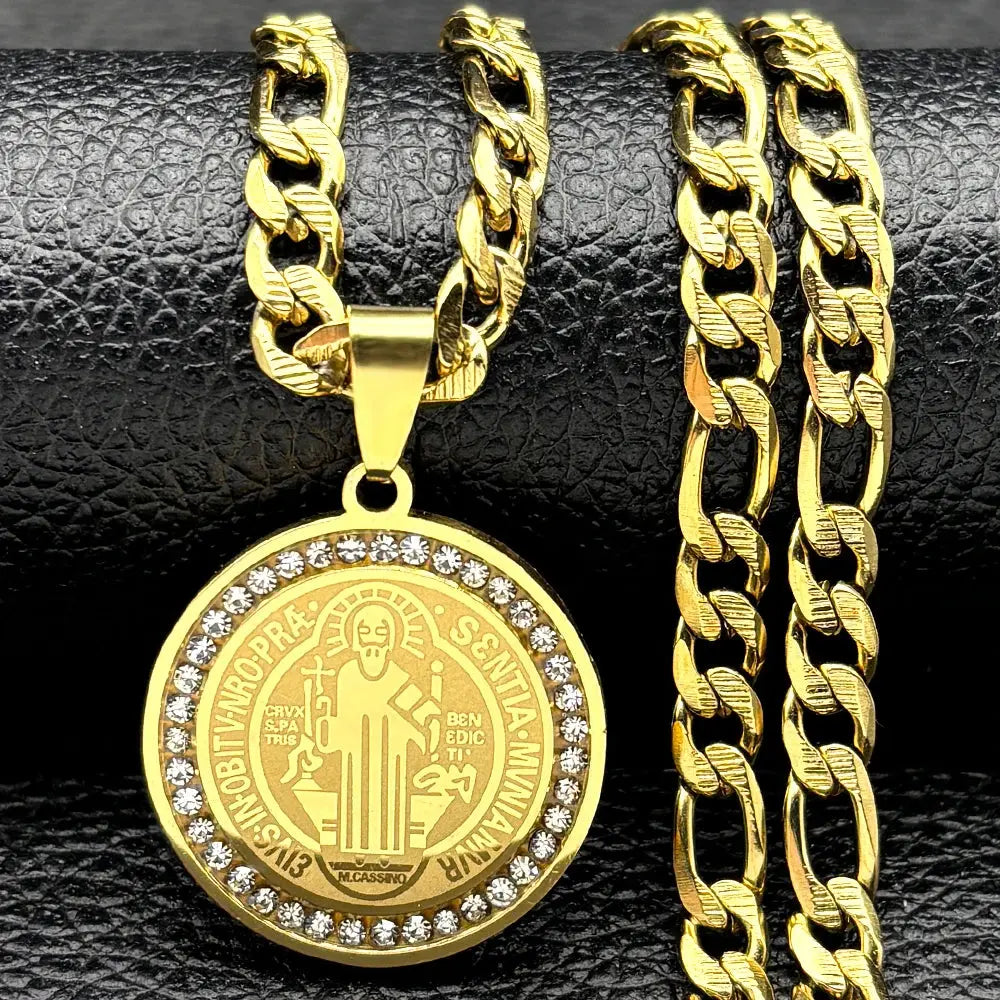 Colorful Crystal Saint Benedict Medal Necklace Women Men Stainless Steel Gold Color Chain Necklaces Jewelry San Benito N8391S05 Ai-TechWorld