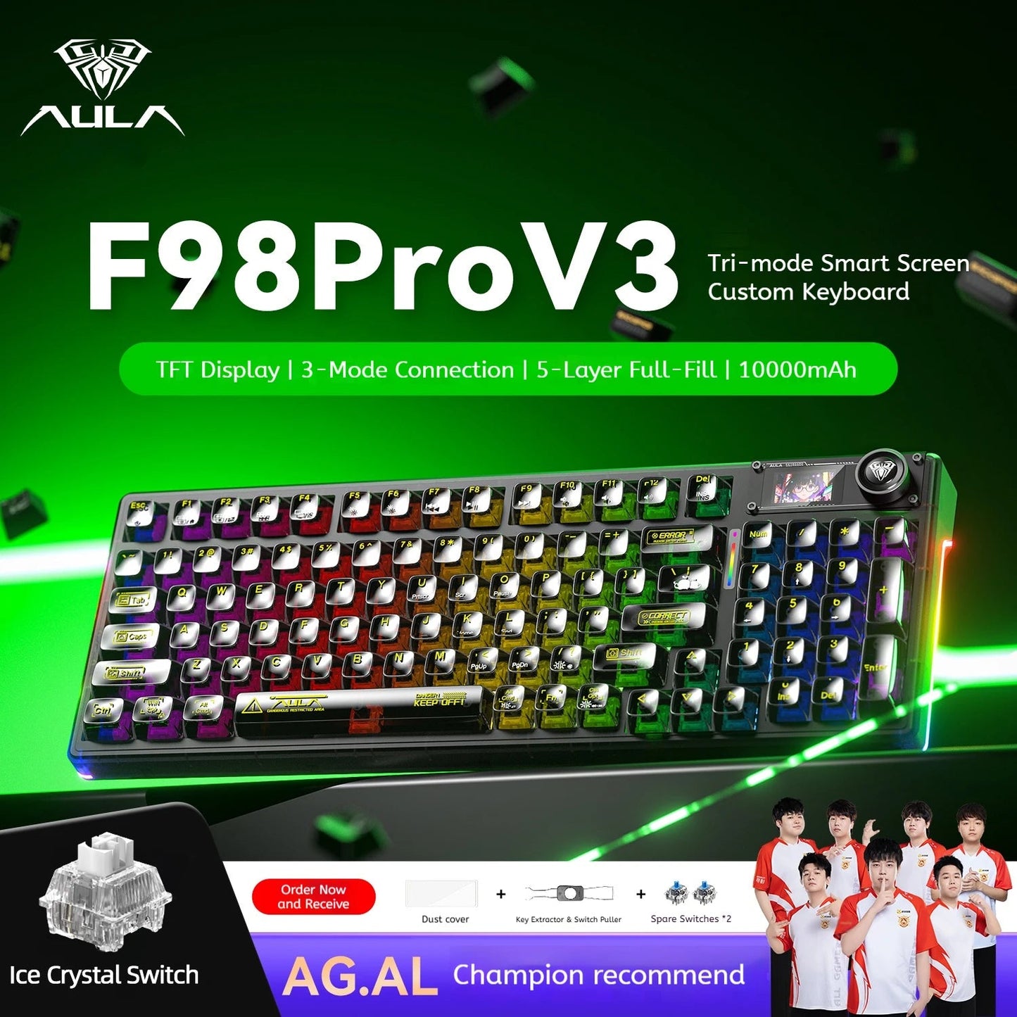 AULA F98 Pro V3 Mechanical Keyboard Custom RGB Backlight Wireless Bluetooth Gaming Keyboard With Screen and Knob Ai-TechWorld ai-techworld