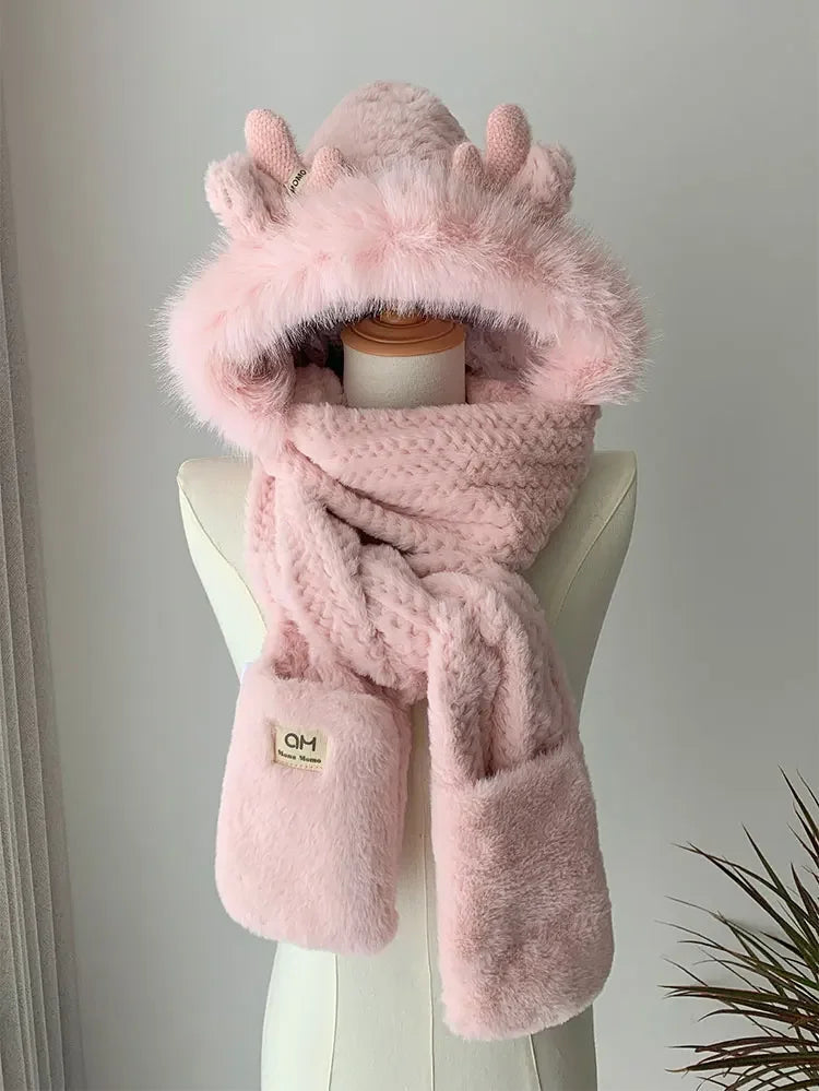 Fashion Elk Antlers Plush Hat Scarf Gloves Women's Winter Ear Protector Thickened Lei Feng Hat Cycling Ski Cap Wind Proof Ai-TechWorld