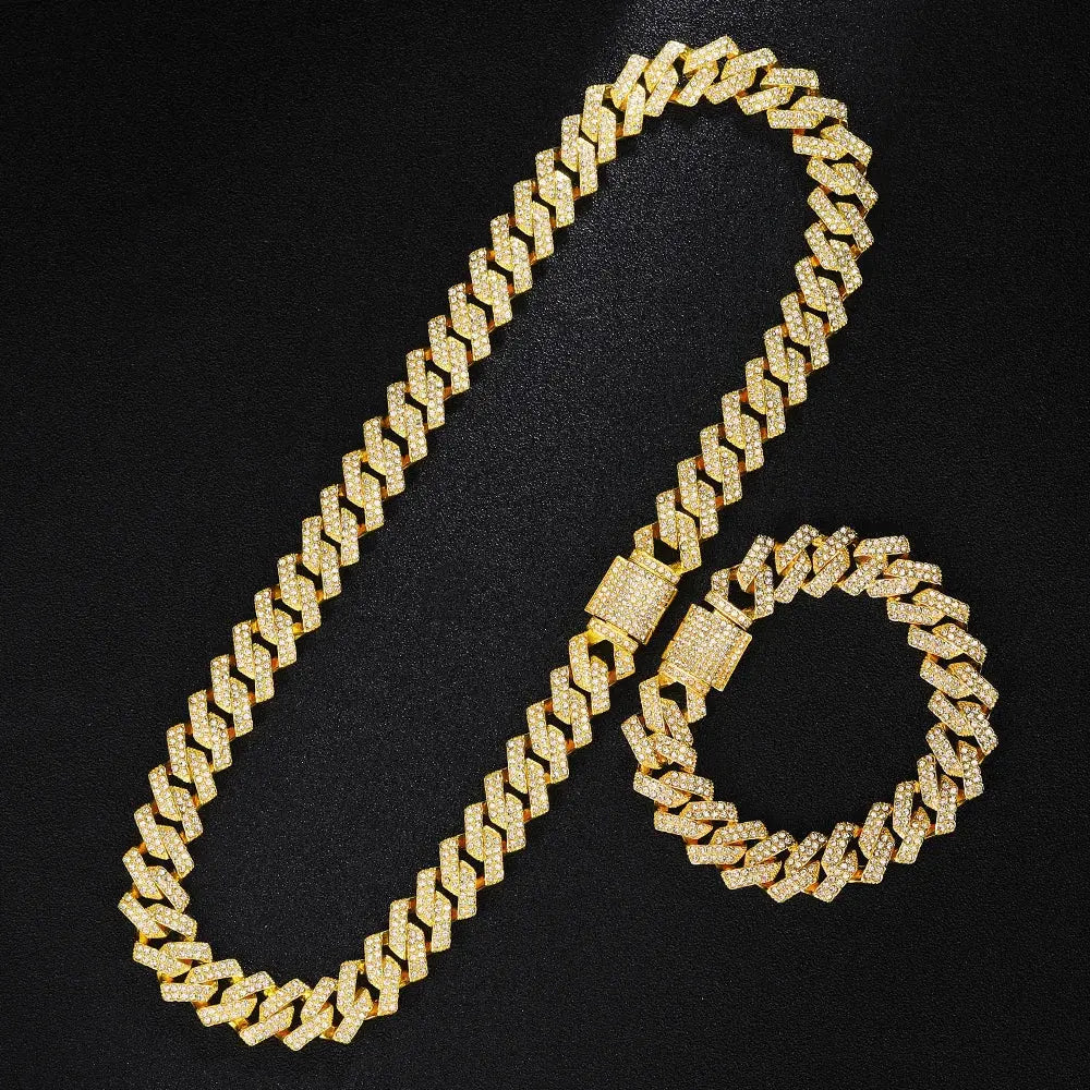 Gold Color Cuban Chain Watch for Men,Hip Hop Miami Curb,Iced Out Paved Rhinestones,Bling Rapper Necklace, Watch+Bracelet Jewelry Ai-TechWorld